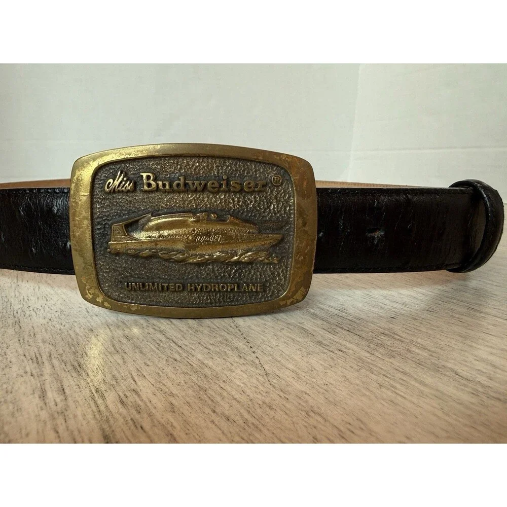 Vintage Miss Budweiser Hydroplane Belt Buckle USA Made Solid Brass 1970s